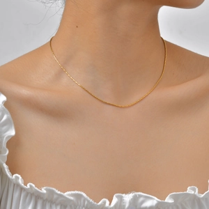Collar minimalista de acero inoxidable chapado en oro de 18K usado por una modelo femenina