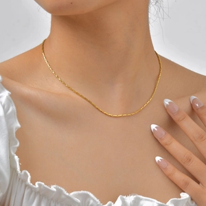 Detalle de collar de cadena fina de acero inoxidable dorado de 18K en el cuello