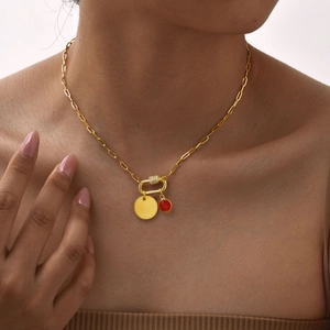 18K gold stainless steel paperclip chain necklace with round tag and red stone pendant
