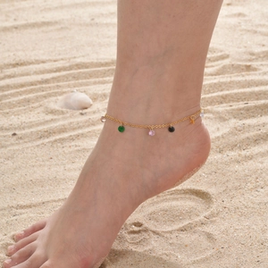 Summer Beach Stainless Steel Cross Chain Anklet With Multicolor Rhinestone Charms 18K Gold Plated Casual Jewelry For Women