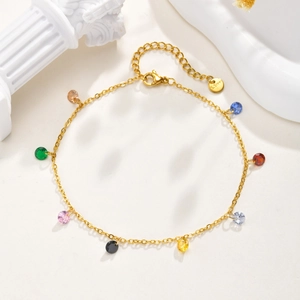 Gold stainless steel anklet with eight multi-colored round zircon charms and lobster clasp