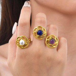 Open Bloemenring Roestvrij Staal 18K Verguld Faux Kunstparel Kristal Lapis Lazuli Vintage Verstelbare Sieraden Voor Dames