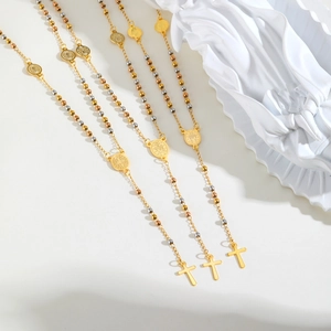 Tri-color Stainless Steel Rosary Virgin Mary Oval Plate Cross Y-shaped Necklace Gold Silver Rose Gold Religious Bead Necklace For Women Fashion Jewelry