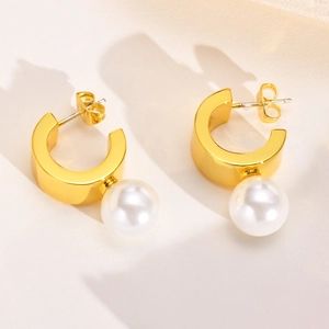 Elegant C Shape Hoop Drop Earrings Gold Plated Copper With Simulated Artificial Pearl French Style Fashion Jewelry For Women