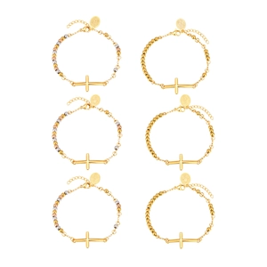 Set de seis pulseras de cuentas de acero inoxidable con cruz dorada y medallas de San Benito