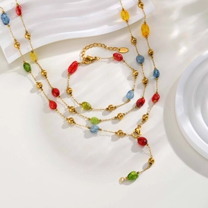 Set di collana a Y e bracciale in acciaio inossidabile dorato con pietre naturali colorate