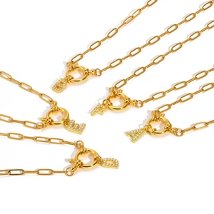 18K gold plated stainless steel paperclip chain necklaces with sparkling letter pendants