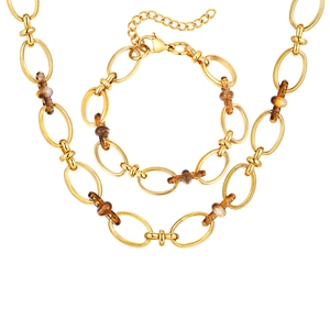 Set collana e bracciale a maglie dorate con perline marmorizzate marroni