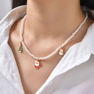 Kerstmis Kunstparelketing Met Roestvrijstalen Kerstman Sneeuwpop Kerstboom Hangers Imitatieparel Halsketting Feestelijke Sieraden