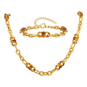 Ketting en armband set van 18K verguld roestvrij staal met amberkleurige hars ringen