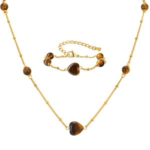 Parure collier et bracelet cœur en œil de tigre acier inoxydable plaqué or 18 carats