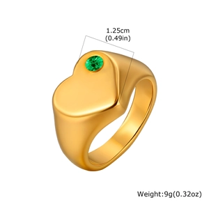 Bague cœur en acier inoxydable plaqué or 18 carats avec pierre verte, largeur 1,25 cm
