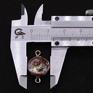 Macro-opname van een 13 mm ronde iriserende abalone-connector met gouden dubbele lussen