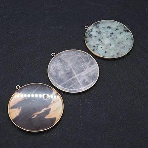 Three 50mm round natural stone pendants with gold metal edge for DIY jewelry making