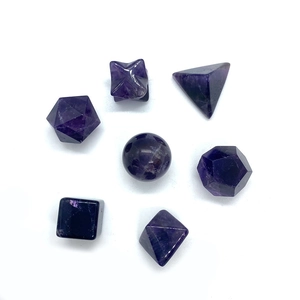 7-piece natural amethyst geometry set with merkaba star and sphere on white background