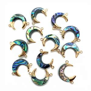 Natural abalone shell crescent pendant with gold plating and double connectors for DIY jewelry