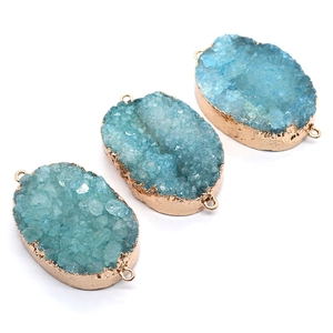 Three blue oval druzy quartz connector pendants with gold plating for jewelry making