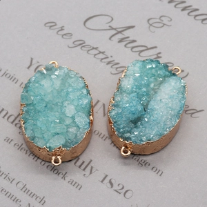 Blue druzy stone pendant with gold edge and double rings for DIY jewelry design