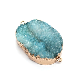 Blue druzy quartz oval pendant connector with gold plating and double rings for DIY jewelry