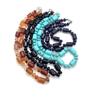 Natural stone bead necklace set with turquoise agate and obsidian barrel beads