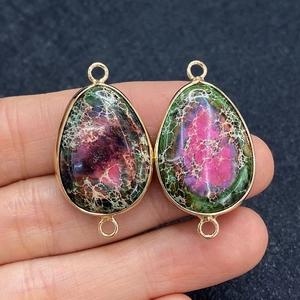 DIY teardrop jewelry link in rose red and green emperor stone with golden rings