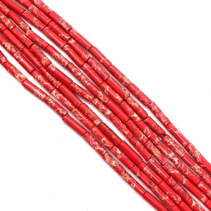 Perles cylindriques en pierre naturelle à motif marbré rouge pour la création de bijoux