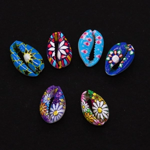 Set of 6 colorful hand-painted natural shell beads with floral and star patterns for DIY jewelry