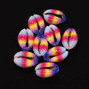 Macro shot of 10 rainbow gradient natural cowrie shells for DIY jewelry making