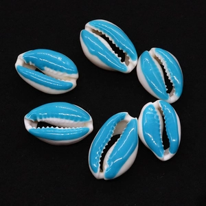 Detailansicht von 6 hellblau gefärbten Kauri-Muscheln für die DIY-Schmuckherstellung