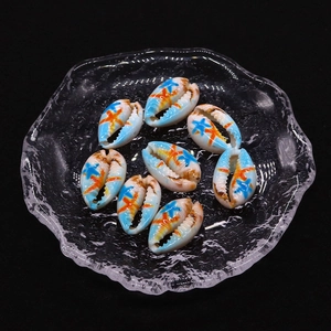 Natural hand-painted sea snail shell beads with blue star pattern for DIY jewelry making