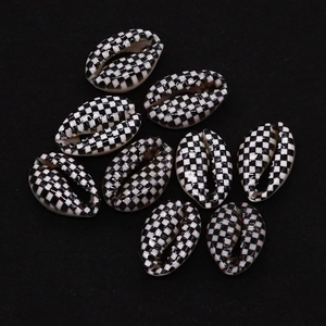 Macro detail of eight natural cowrie shells with black and white checkerboard pattern print