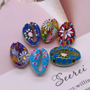 Set of 6 colorful hand-painted natural cowrie shells with floral patterns for DIY jewelry