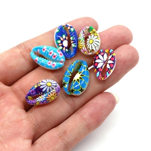 Set of 6 natural freshwater cowrie shell beads with colorful floral prints for DIY jewelry