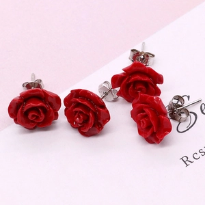 Classic 10mm red coral rose flower stud earrings with elegant silver metal pins