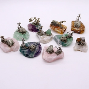 Creative natural amethyst and quartz crystal specimens with mini metal miner figures