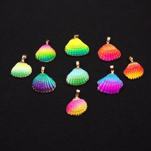 Detailed set of nine gold-edged rainbow shell pendants with vibrant gradient colors