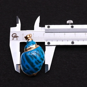 Detailopname van de meting van een goudkleurige blauwe schelphanger met een schuifmaat