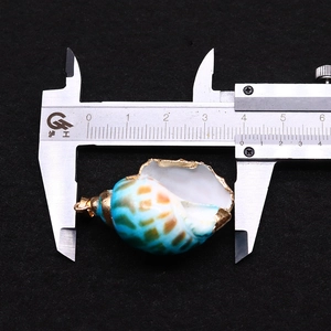 Macro-opname van een 3,5 cm blauwe natuurlijke schelphanger met vergulde rand en haak