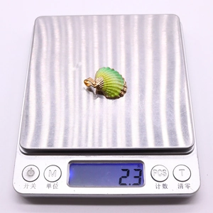 Rainbow gradient scallop shell pendant with gold plating weighing 2.3 grams on a digital scale