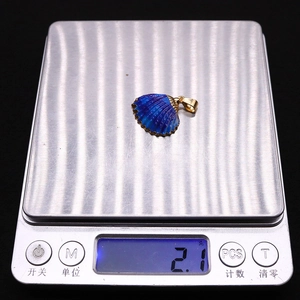 Détail d'un pendentif coquillage bleu bordé d'or pesant 2,1g sur une balance électronique