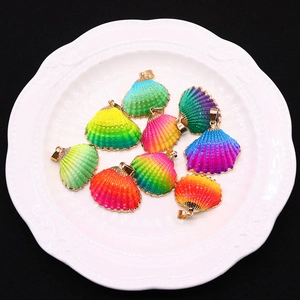 Rainbow gradient scallop shell charms with gold plated edges for DIY necklace jewelry