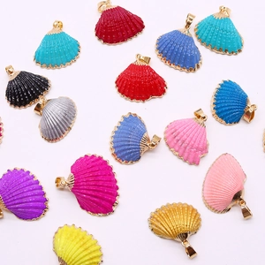 Natural Dyed Scallop Shell Pendant With Gold Plated Copper Edge Ocean Style Sea Snail Charms For DIY Jewelry Making Gift