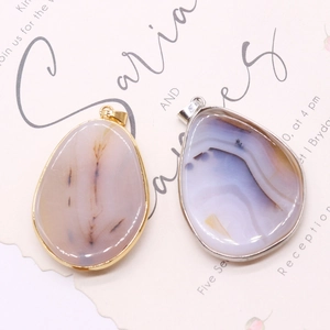 Natural teardrop agate stone pendant with gold and silver plated edges for DIY jewelry
