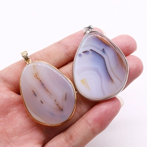Natural teardrop striped agate pendant with gold and silver plated edges for DIY jewelry
