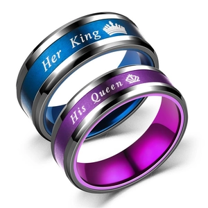 Polished His Queen and Her King couple rings in blue and purple stainless steel