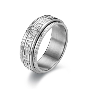 Drehbarer Edelstahl-Spinner-Ring mit griechischem Meandermuster und silbernem Bürstfinish