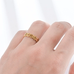 Vintage 18k gold plated stainless steel coin ring featuring traditional fortune symbols