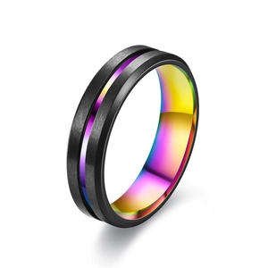Modern black brushed stainless steel ring with rainbow interior and center groove detail