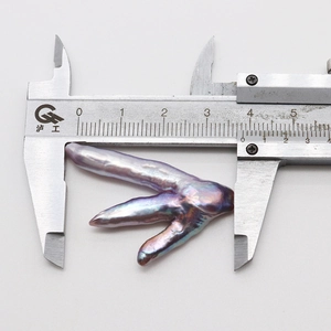 Macro view of a purple baroque freshwater pearl measured with a caliper