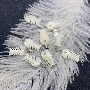 Macro view of fishbone shell pendants with iridescent luster and silver clasp